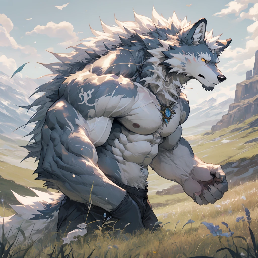 Gemini, the 12 zodiac signs, the noble and pure white wolf, topless, furry, delicate, muscular, majestic (Golden eyes sparkle)The background is the rolling mountains of the grassland plateau, Wild and domineering , Huge muscles, Abdominal muscle tearing white wolf(Only one stood on the grassland)