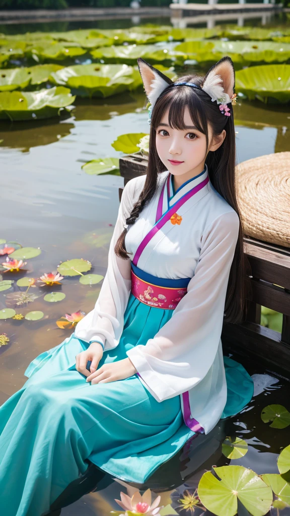 Absurd, High resolution, Super detailed, (One girl:1.3), Written by hand, Simple lines, A -yeld gidressed in colorful Chinese Hanfu, Sexy girl with fox ears, At the lotus pond, masterpiece, Sit on the water, Floating clothes, Floating Hair