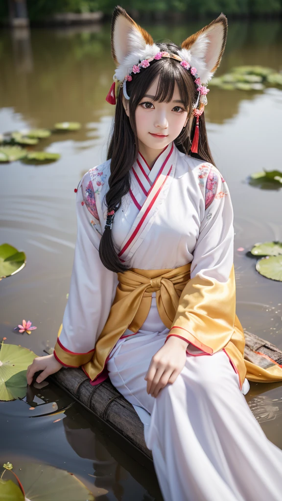 Absurd, High resolution, Super detailed, (One girl:1.3), Written by hand, Simple lines, A dressed in colorful Chinese Hanfu, Sexy girl with fox ears, At the lotus pond, masterpiece, Sit on the water, Floating clothes, Floating Hair