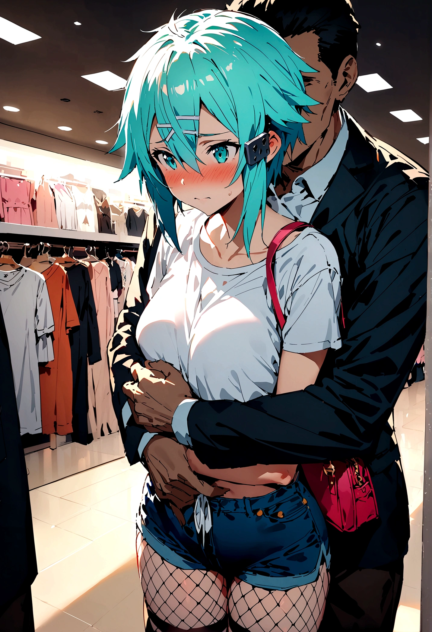 NSFW,masterpiece,Highest quality,High resolution,Super detailed,Sinon\(Sword Art Online\),Jacket,White T-shirt,cropped,Shorts,Fishnet tights,Shoulder bag,Embarrassed,expectant face,blush,Shopping mall,Lingerie Shop,Underwear section,Date,(Suspicious Men),(Molester),A man puts his hands on her waist and hugs her,A man is fingering,I feel pleasure