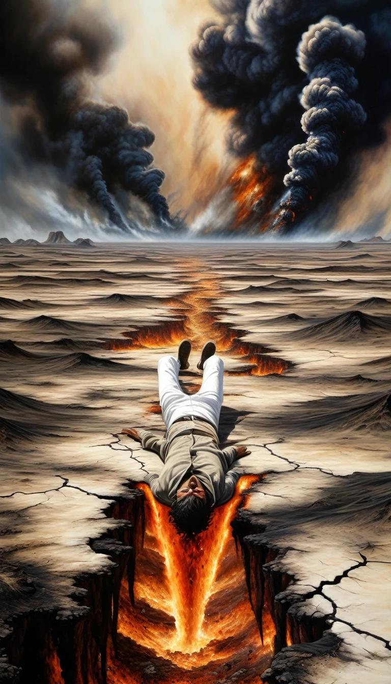Realistic depiction of the apocalypse on the scorching plain of Mahsyar: a vast, barren landscape. A person with their head upside down and feet floating above. Their body is extremely thin. Their face is charred. Their white pants are torn. Art style: highly detailed photorealism.