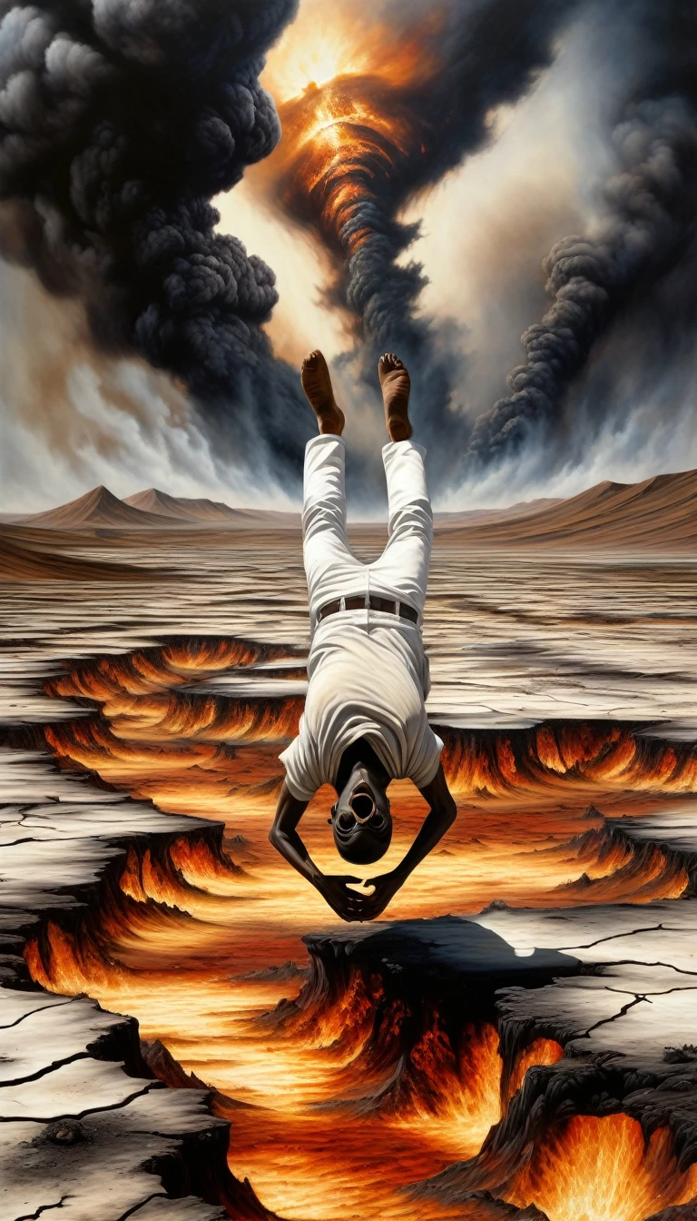 Realistic depiction of the apocalypse on the scorching plain of Mahsyar: a vast, barren landscape. A person with their head upside down and feet floating above. Their body is extremely thin. Their face is charred. Their white pants are torn. Art style: highly detailed photorealism.