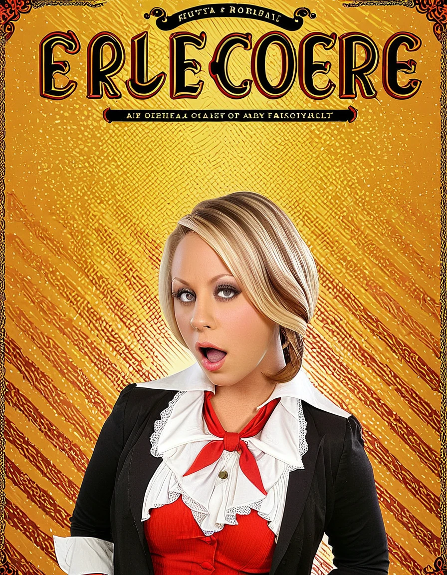 Create a vintage-inspired poster featuring Kaley Cuoco, employing classic typography and design elements from historical posters.
