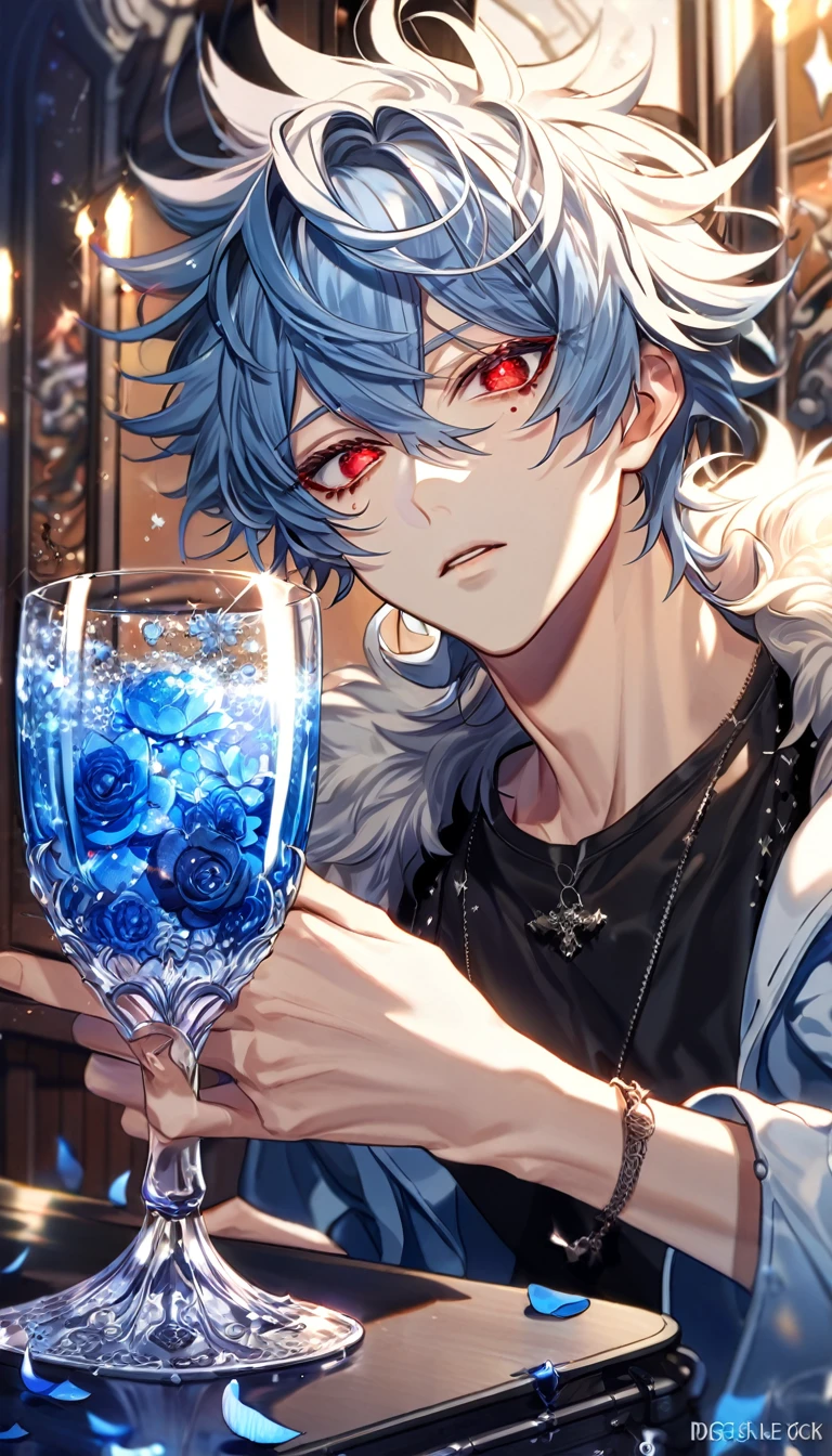 absurdres, highres, ultra detailed, HDR, master piece, best quality, extremely detailed, Hotsuin Yamato, silver hair, messy straight hair, hair over the right eye, expressive purple eyes, Devil Survivor 2, solo, sexy man, handsome, black heavy trench coat, white gloves, magical, fantasy, glittering, sparkling, glass, blue flowers, blue petals, water, blue moon