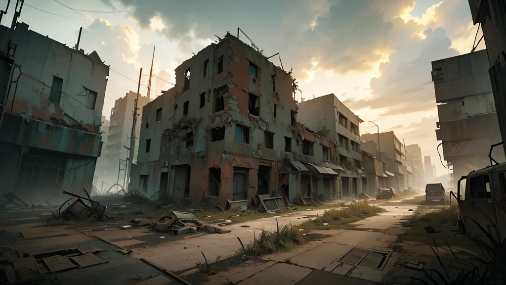 a post-apocalyptic landscape, cracked earth, rusted machinery, abandoned buildings, cloudy sky, gloomy atmosphere, post-apocalyptic, dystopian, cinematic lighting, dramatic shadows, muted colors, desolate, overgrown vegetation, decaying structures, highly detailed, 8k, photorealistic, masterpiece