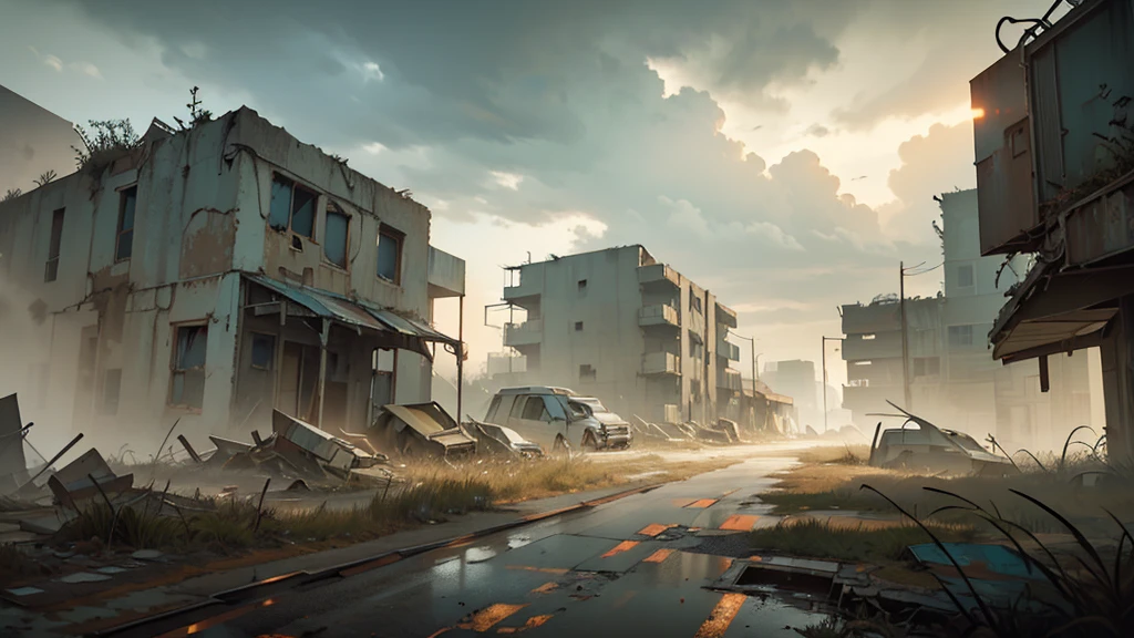 a post-apocalyptic landscape, cracked earth, rusted machinery, abandoned buildings, cloudy sky, gloomy atmosphere, post-apocalyptic, dystopian, cinematic lighting, dramatic shadows, muted colors, desolate, overgrown vegetation, decaying structures, highly detailed, 8k, photorealistic, masterpiece