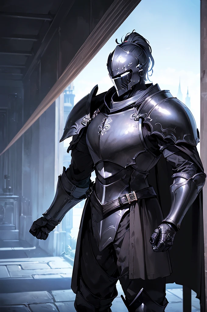 (masterpiece; best quality: 1.2), ((full armored knight man)), ((solo)), (black eyes: 1.4), (body; toned, lean, masculine: 1.3), (beautiful and clear background: 1.2), ((depth of field)), (equipment: full plate all-dark blackened-steel armor + closed helmet with ponytail + long black cape: 1.3), (anime illustration: 1.2), (background composition; fantasy castle corridor + furniture: 1.1), (extremely fine and handsome: 1.1), (shot composition; standing + centered on torso + close-up: 1.5), (expression; calm, stoic: 1.2)