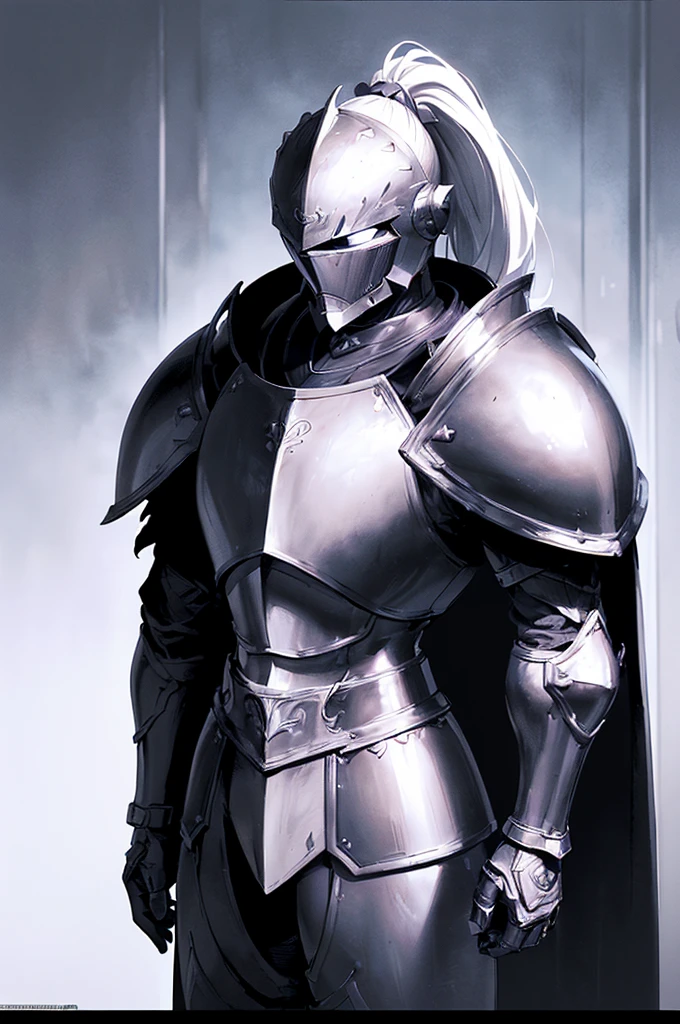 (masterpiece; best quality: 1.2), ((full armored knight man)), ((solo)), (black eyes: 1.4), (body; toned, lean, masculine: 1.3), (beautiful and clear background: 1.2), ((depth of field)), (equipment: full plate all-dark blackened-steel armor + closed helmet with ponytail + long black cape: 1.3), (anime illustration: 1.2), (background composition; fantasy castle corridor + furniture: 1.1), (extremely fine and handsome: 1.1), (shot composition; standing + centered on torso + close-up: 1.5), (expression; calm, stoic: 1.2)