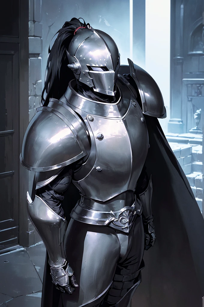 (masterpiece; best quality: 1.2), ((full armored knight man)), ((solo)), (black eyes: 1.4), (body; toned, lean, masculine: 1.3), (beautiful and clear background: 1.2), ((depth of field)), (equipment: full plate all-dark blackened-steel armor + closed helmet with ponytail + long black cape: 1.3), (anime illustration: 1.2), (background composition; fantasy castle corridor + furniture: 1.1), (extremely fine and handsome: 1.1), (shot composition; standing + centered on torso + close-up: 1.5), (expression; calm, stoic: 1.2)