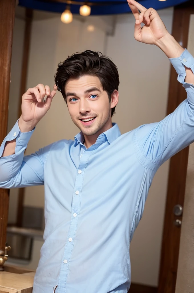 comedian、Handsome、Mouth wide open、Eyes wide open、Stylish、Short Hair、male、The whole body is shown、Open arms、White people、Blue eyes、He made a sighing gesture.
