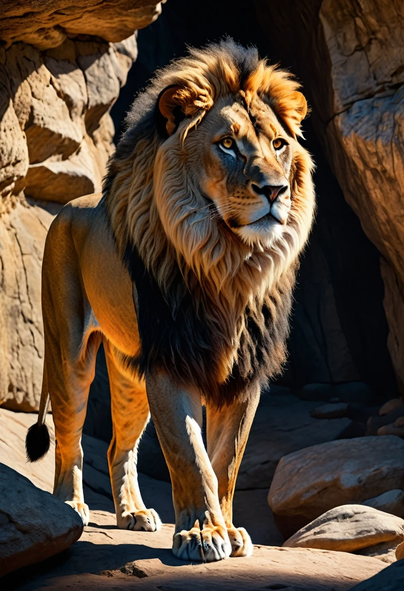 A majestic lion, its golden mane flowing, prowling through a cavernous, dimly lit space, sunlight filtering in through cracks in the rock, creating dramatic shadows and highlights, intricate textures of the stone walls, an awe-inspiring scene of power and mystery, (best quality,4k,8k,highres,masterpiece:1.2),ultra-detailed,(realistic,photorealistic,photo-realistic:1.37),detailed fur, powerful muscles, intense eyes, chiaroscuro lighting, dramatic shadows, intricate rock textures, cinematic composition, natural lighting, digital painting