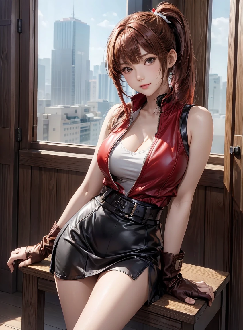 (best quality:1.3), high resolution, Very detailed, Very detailedな CG Unity 8k 壁紙, Practical, photo-Practical, original photo, Pretty Face, White skin, Genuine Leather, High quality fabrics, Detailed hair texture, Perfect body, Beautiful Features, Precision Fingering, Anatomically correct, Very detailedな顔と肌の質感、A girl, Lovely, Red hair, ((Side Ponytail, Brown eyes: 1. 2)), ((Slanted eyes:1.3))、Thick bangs, sleeveless jacket、Cardigan jacket、Pencil Skirt、belt、Knee-high boots、leather gloves、sit on the chair、