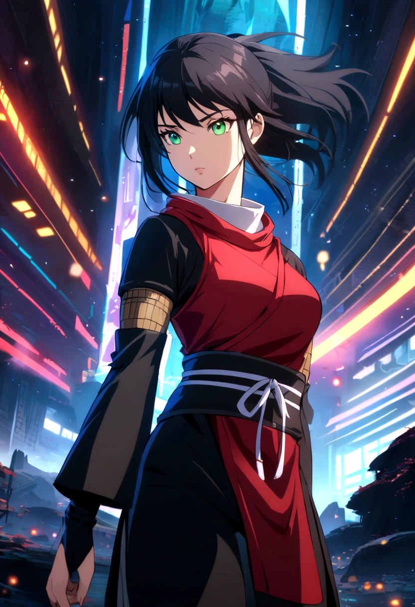 Woman , black hair,greeneyes, ninja clothing anime style design , clear face