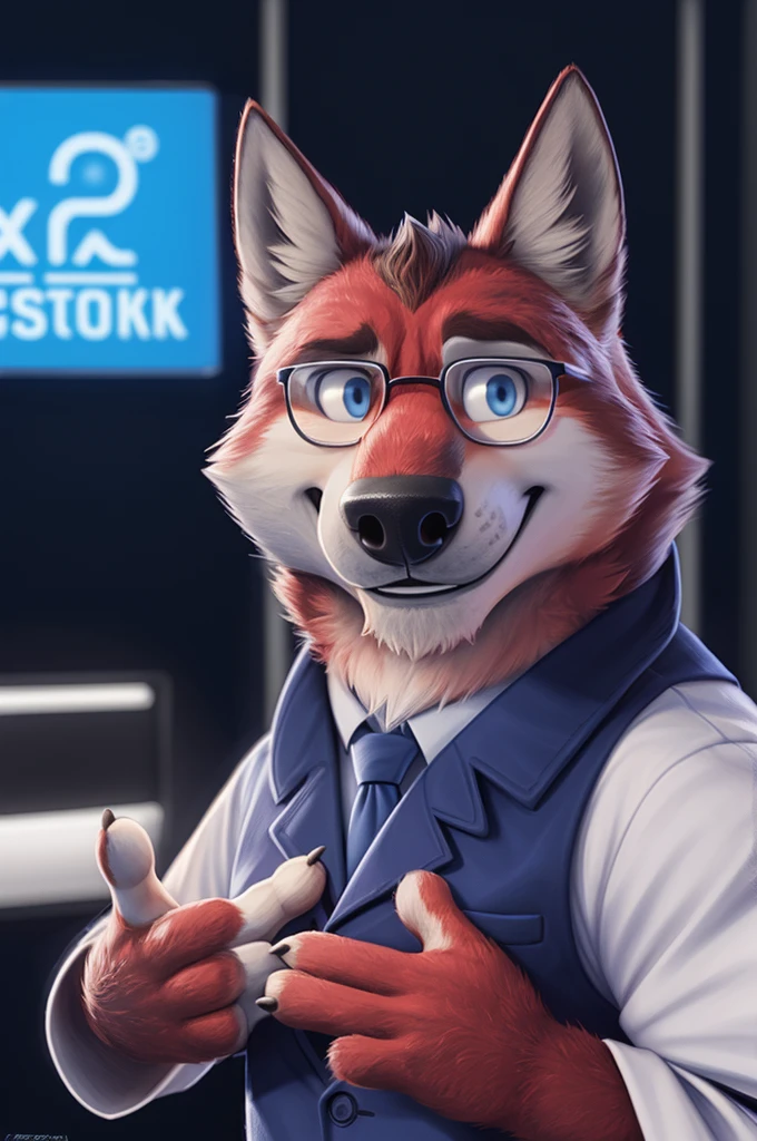 Ivan Fedorovich Wolfbach (Novosibirsk) ,tall handsome, wolf,young, 24 years, brown fur,Kind,(red body:1.3),beautiful blue eyes,Novosibirsk,dressed, Blue jacket, black glasses, White shirt, Red tie, blue pants, wolf, detailed fur, male,paw pads, finger claws,At the viewer, 5 fingers, paws, 5 fingers, smile, wrist watch, т nextel,by xenoforge, (difficult, high detail, digital photography, soft focus, RAW variety близко к камере, variety,Novosibirsk, smile, good mood, positive, Very close to the camera,presenter Moscow,
Photorealism, realistic, digital style, Subsurface scattering,looks at the squares, News studio, a good mood, funny,
masterpiece, Best quality, ultra realistic, 8 thousand.)