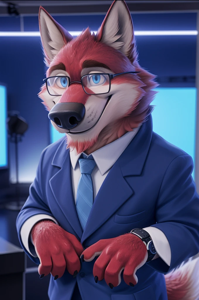 Ivan Fedorovich Wolfbach (Novosibirsk) ,tall handsome, wolf,young, 24 years, brown fur,Kind,(red body:1.3),beautiful blue eyes,Novosibirsk,dressed, Blue jacket, black glasses, White shirt, Red tie, blue pants, wolf, detailed fur, male,paw pads, finger claws,At the viewer, 5 fingers, paws, 5 fingers, smile, wrist watch, т nextel,by xenoforge, (difficult, high detail, digital photography, soft focus, RAW variety близко к камере, variety,Novosibirsk, smile, good mood, positive, Very close to the camera,presenter Moscow, 
Photorealism, realistic, digital style, Subsurface scattering,looks at the squares, News studio, a good mood, funny, 
masterpiece, Best quality, ultra realistic, 8 thousand.)