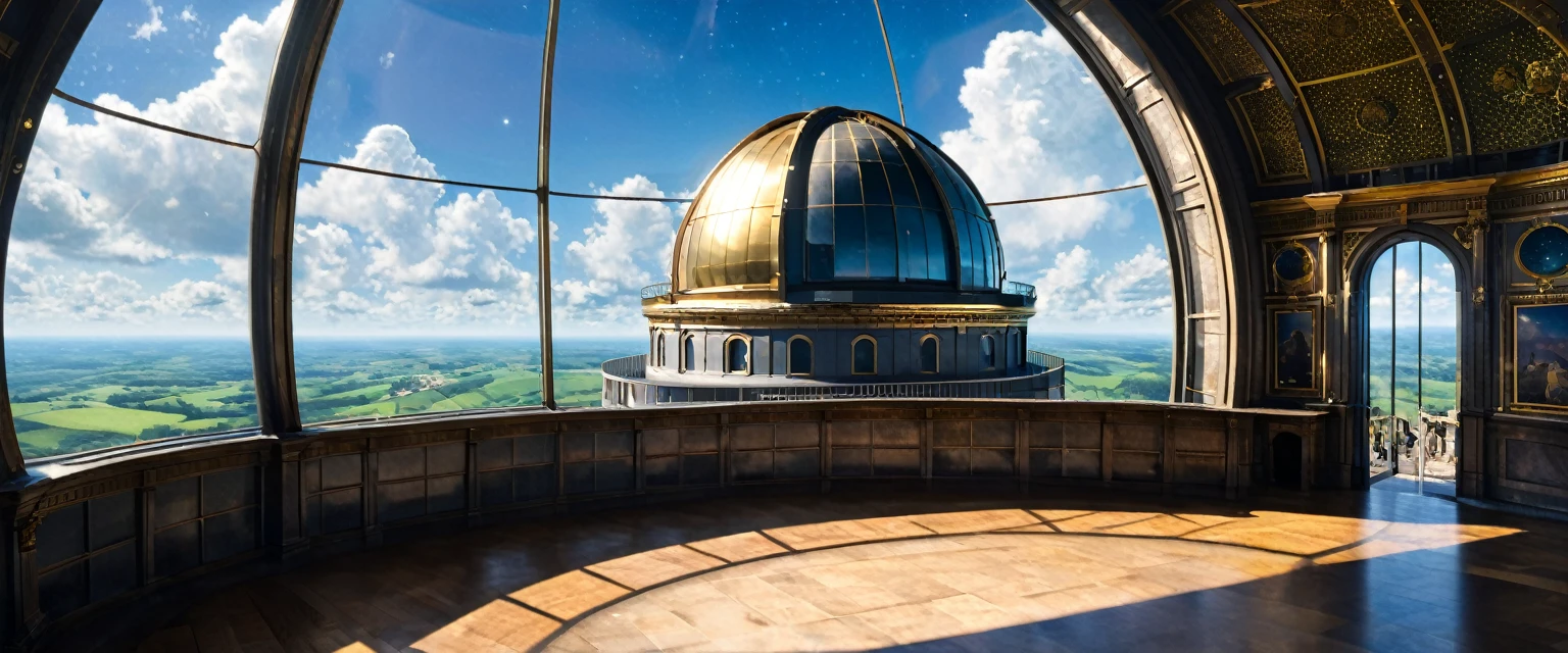 The 18th century telescope was located in an indoor observatory on the top floor of the building, with the sides of the circular dome roof opening to the left and right, allowing a long telescope to be pointed diagonally upwards to observe the starry sky. Scholars gathered in a fenced-in corridor surrounding the large telescope, which cut a circle through the floor and rose up from the floor below, discussing something in the royal castle in the sky.
