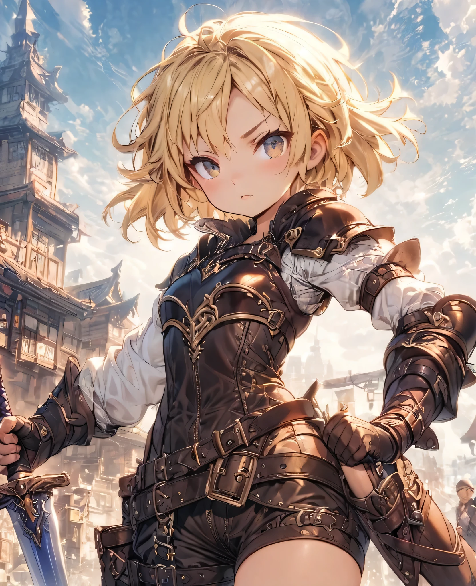 boyish　Berry Short　Slanted Eyes　Thighs　Blonde　Swordsman　Two-Way　Short Dagger　Leather Armor　Petite