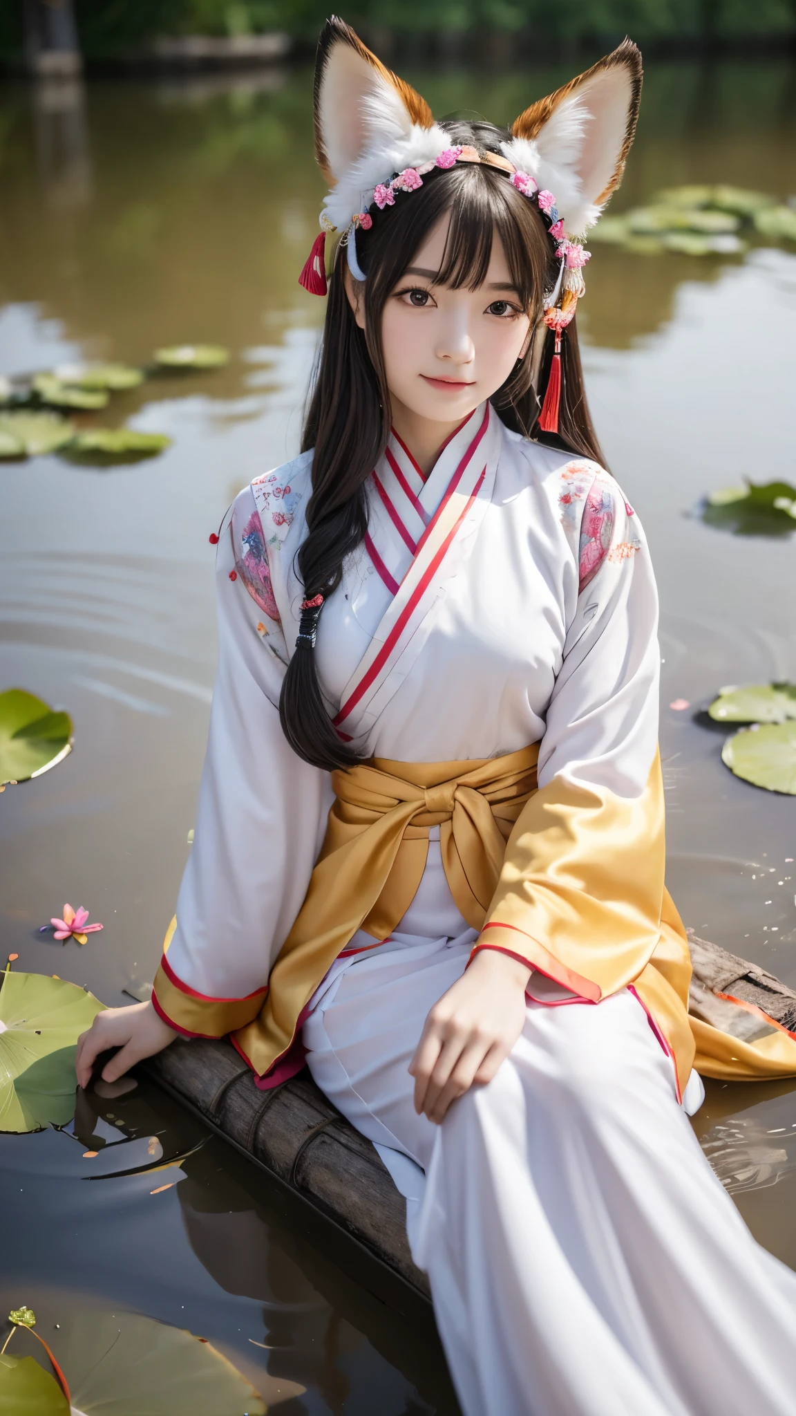 Absurd, High resolution, Super detailed, (One girl:1.3), Written by hand, Simple lines, A 16-year-old girl dressed in colorful Chinese Hanfu, Sexy girl with fox ears, At the lotus pond, masterpiece, Sit on the water, Floating clothes, Floating Hair