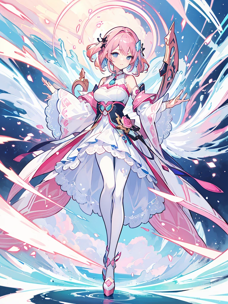 (best quality:1.3), (Artwork:1.3), (illustration:1.3), (ultra-detailed:1.3), (imid shot:0.9), 1 girl, medium breasts,blue eyes, ((pink hair ))), hair ornaments, Tall, Mature,accessories,detailed clothes, pantyhose 