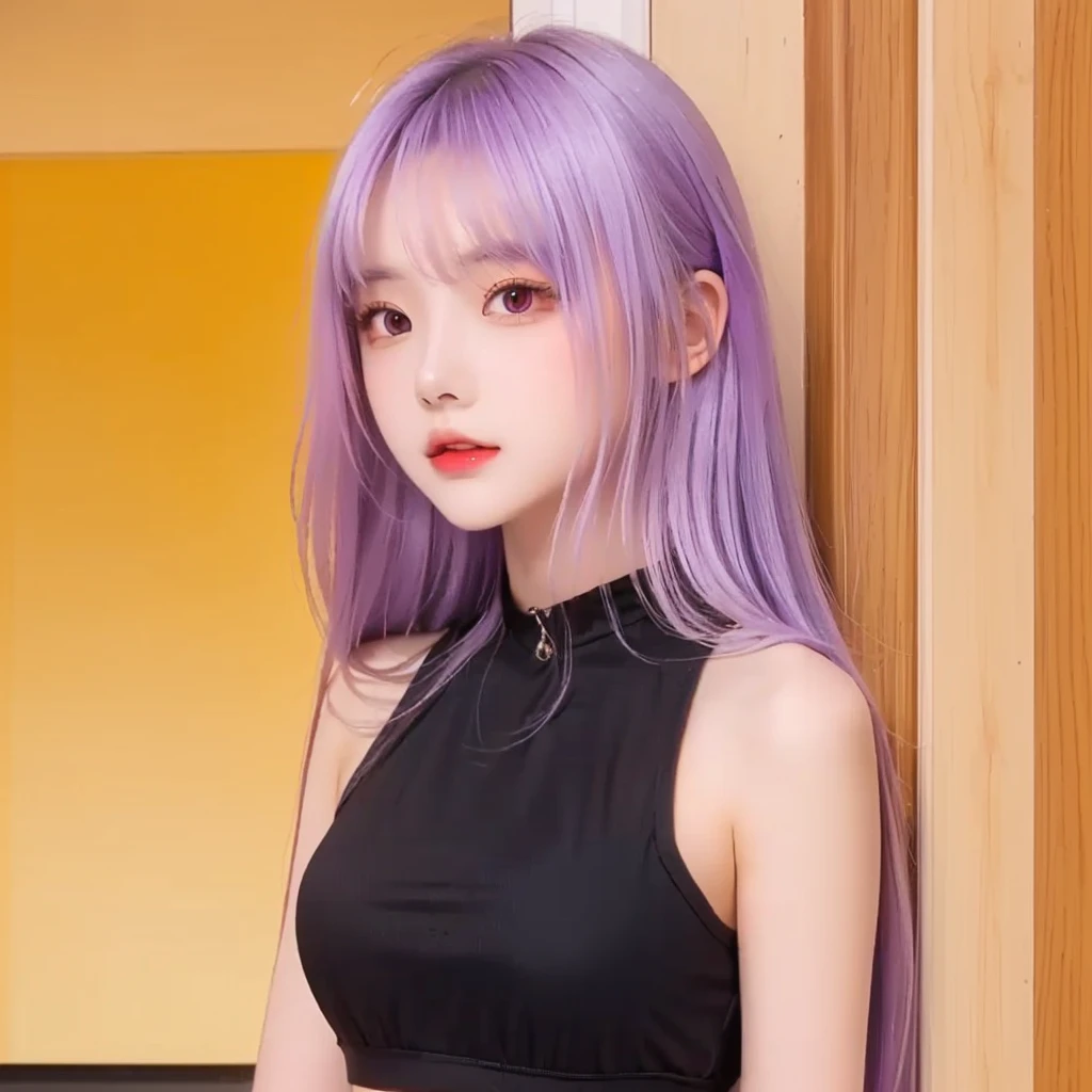 1girl with long hair and black dress standing in front of a door, anime girl wearing a black crop top, (violet hair), (Long hair), fair skin, purple eye, pretty face, 16 years old