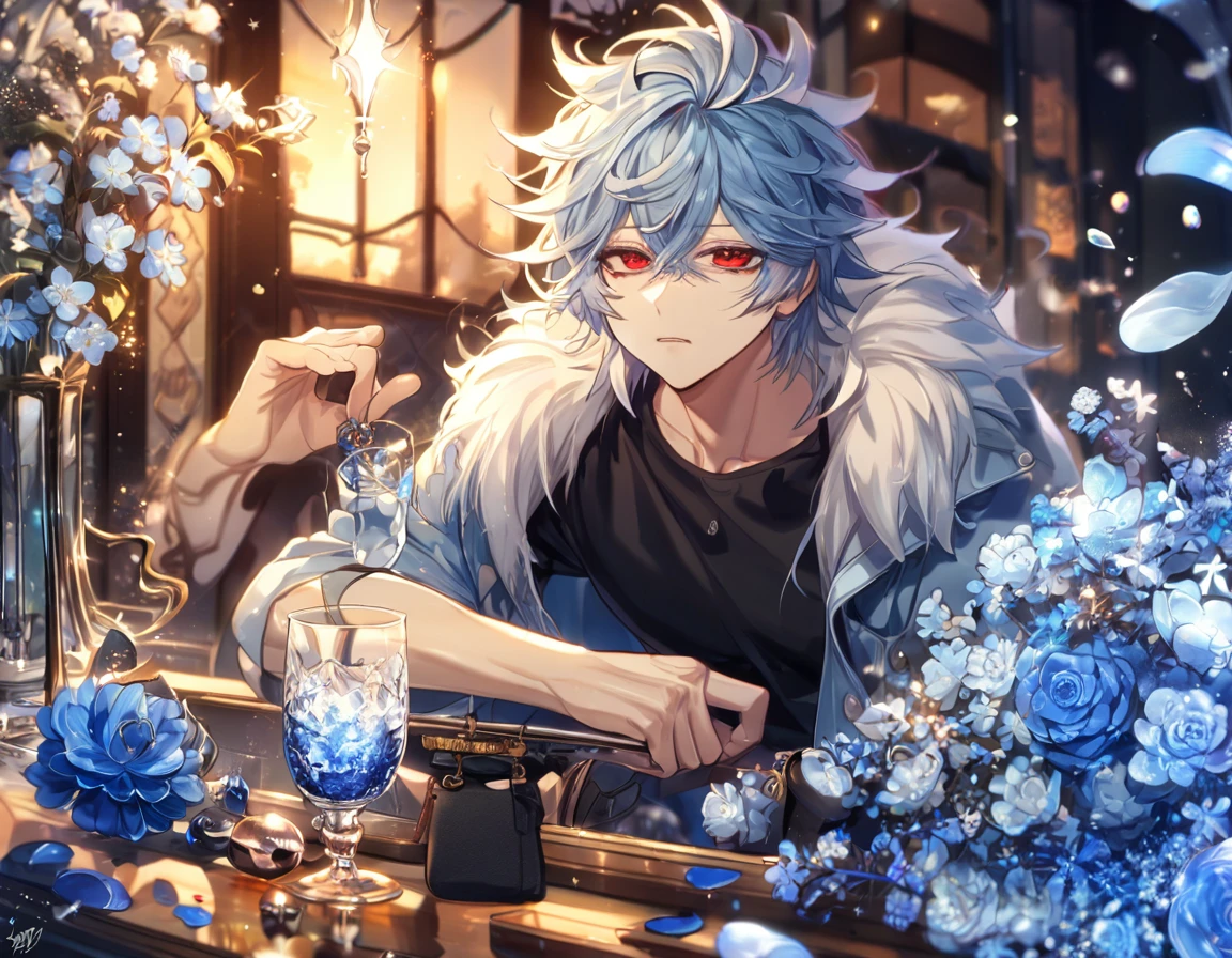 absurdres, highres, ultra detailed, HDR, master piece, best quality, extremely detailed, Kuro, light-blue hair, messy hair, black bags under the eyes, expressive red eyes, Servamp, solo, sexy man, handsome, light blue coat with fur, black T-shirt, magical, fantasy, glittering, sparkling, glass, blue flowers, blue petals, water, blue moon