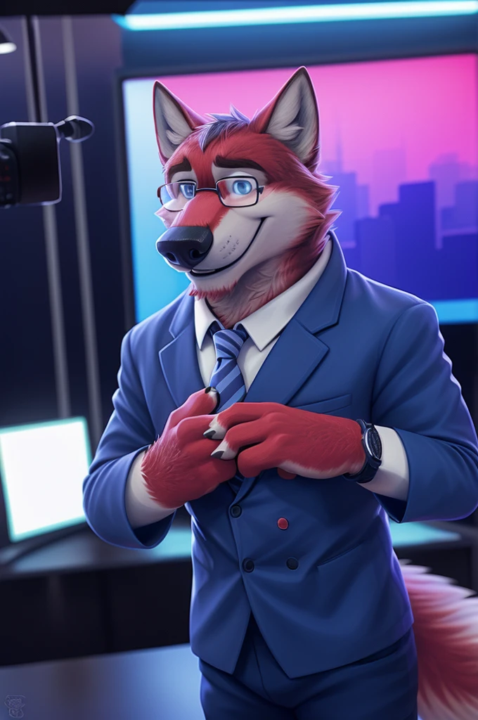 Ivan Fedorovich Wolfbach (Novosibirsk) ,tall handsome, wolf,young, 24 years, brown fur,Kind,(red body:1.3),beautiful blue eyes,Novosibirsk,dressed, Blue jacket, black glasses, White shirt, Red tie, blue pants, wolf, detailed fur, male,paw pads, finger claws,At the viewer, 5 fingers, paws, 5 fingers, smile, wrist watch, т nextel,by xenoforge, (difficult, high detail, digital photography, soft focus, RAW variety близко к камере, variety,Novosibirsk, smile, good mood, positive, Very close to the camera,presenter Moscow,
Photorealism, realistic, digital style, Subsurface scattering,looks at the squares, News studio, a good mood, funny,
masterpiece, Best quality, ultra realistic, 8 thousand.)