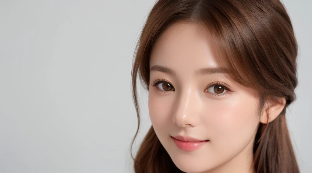 Create an image of a beautiful woman with chestnut brown hair. The background is clean white. She is making direct eye contact with the camera, and the focus is on her upper body. Her entire face is visible. She is smiling gently, radiating a sense of beauty and confidence. Design the image with the intention of using it for beauty-related promotions, capturing the essence of a confident and approachable beauty. Pay attention to details such as her hair, facial expression, and the overall composition against the clean white background