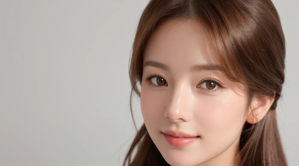 Create an image of a beautiful woman with chestnut brown hair. The background is clean white. She is making direct eye contact with the camera, and the focus is on her upper body. Her entire face is visible. She is smiling gently, radiating a sense of beauty and confidence. Design the image with the intention of using it for beauty-related promotions, capturing the essence of a confident and approachable beauty. Pay attention to details such as her hair, facial expression, and the overall composition against the clean white background