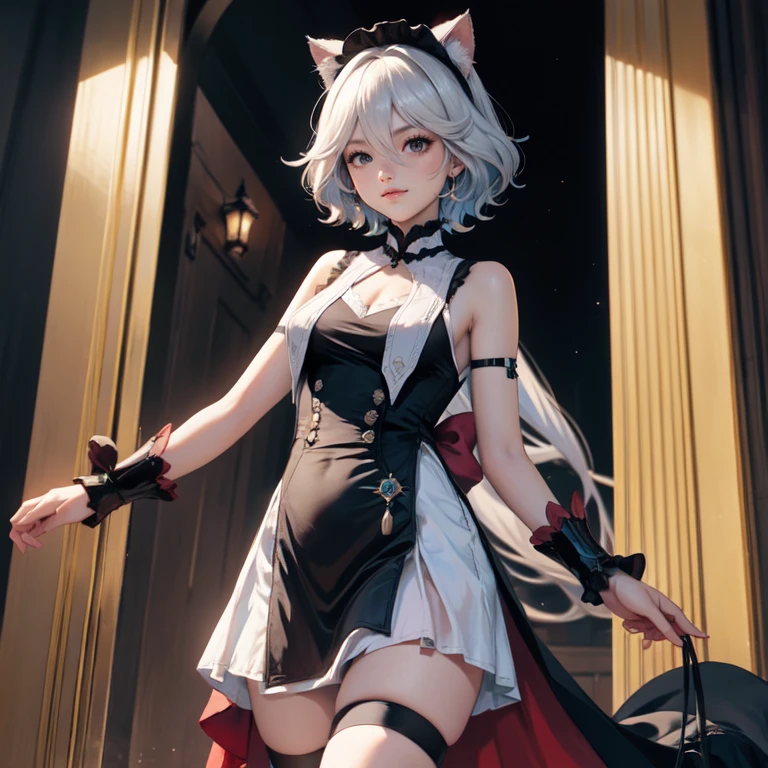 masterpiece,1girl,solo,white hair,gym storeroom, Koneko Toujou (DXD), 1girl, white cat ears, (classic uniform), white cat tail, school hallway, red skirt, small breasts, black ribbon,cat ears,blush,open mouth, (sarashi),bandage, (kneeling:1.3),indoors,(from back),ass,bare back,bare shoulders,