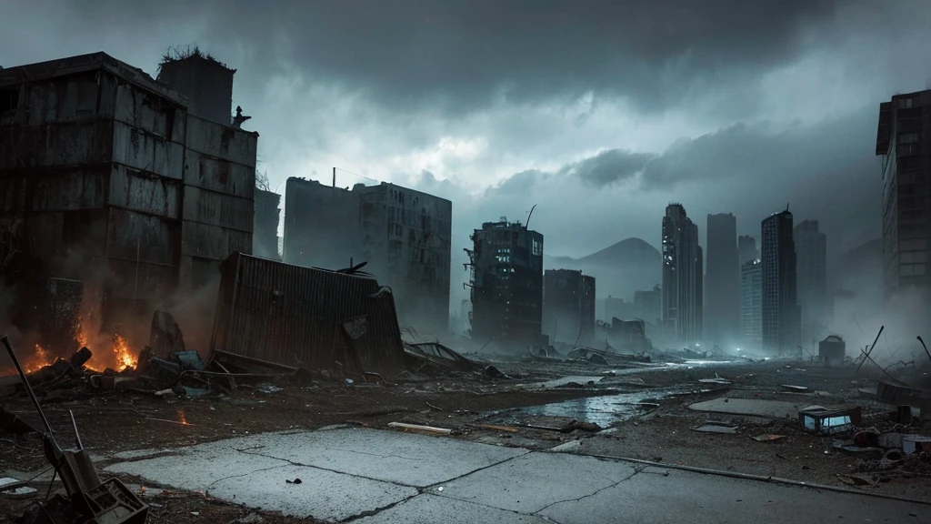 a post-apocalyptic chaotic scene, dark,gloomy, sci-fi, dystopian, moody lighting,dramatic shadows,crumbling buildings, abandoned cityscape, overgrown nature, debris scattered around,dramatic cloudy sky,color palette of grays,blues,greens,atmospheric haze,high contrast,cinematic composition,digital painting,concept art style,best quality,8k,realistic,photorealistic