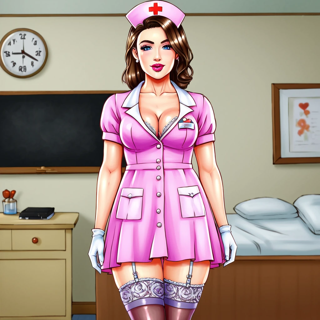 In the dimly lit hospital room, a young female nurse in her early twenties stands out against the somber backdrop. Dressed in lacy lingerie, thigh-high stockings, and a nurse's cap, she exudes a sense of seductive mystery. Her low-cut pink top showcases ample cleavage, while white gloves add an air of sophistication. Her gaze, with slightly droopy eyes and full pink lips, invites the viewer to step into her world.
Subtle hints of gothic horror elements in the background, such as ornate medical equipment and eerie shadows, add depth and intrigue to the piece without overpowering the composition. The nurse's cap and white gloves serve as a nod to the darker undertones, balancing the provocative themes with elegance.
The artist's skillful brushwork, color theory, and attention to detail bring forth a visually stunning image that is both thought-provoking and beautiful. The result is a masterpiece reminiscent of renowned painters Ilya Kuvshinov, Gaston Bussière, Craig Mullins, Hajime Sorayama, and Alphonse Mucha.
Technical details:
* Medium: watercolor hiperrealistic painting with High Dynamic Range (HDR) imaging
* Resolution: 8K
* Lighting: Soft, warm glow in the background
* Composition: The nurse's figure is centered, with the hospital room's horny tones creating a sense of contrast and intrigue.
