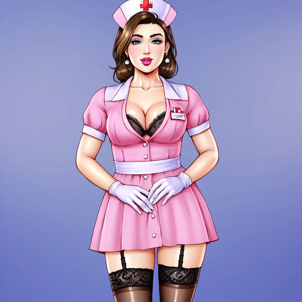 In the dimly lit hospital room, a young female nurse in her early twenties stands out against the somber backdrop. Dressed in lacy lingerie, thigh-high stockings, and a nurse's cap, she exudes a sense of seductive mystery. Her low-cut pink top showcases ample cleavage, while white gloves add an air of sophistication. Her gaze, with slightly droopy eyes and full pink lips, invites the viewer to step into her world.

Subtle hints of gothic horror elements in the background, such as ornate medical equipment and eerie shadows, add depth and intrigue to the piece without overpowering the composition. The nurse's cap and white gloves serve as a nod to the darker undertones, balancing the provocative themes with elegance.

The artist's skillful brushwork, color theory, and attention to detail bring forth a visually stunning image that is both thought-provoking and beautiful. The result is a masterpiece reminiscent of renowned painters Ilya Kuvshinov, Gaston Bussière, Craig Mullins, Hajime Sorayama, and Alphonse Mucha.

Technical details:

* Medium: watercolor hiperrealistic painting with High Dynamic Range (HDR) imaging
* Resolution: 8K
* Lighting: Soft, warm glow in the background
* Composition: The nurse's figure is centered, with the hospital room's horny tones creating a sense of contrast and intrigue.