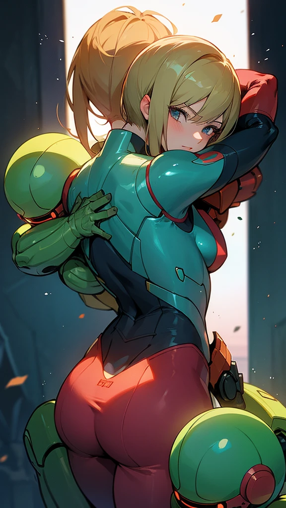 Samus Aran hugging her son from behind