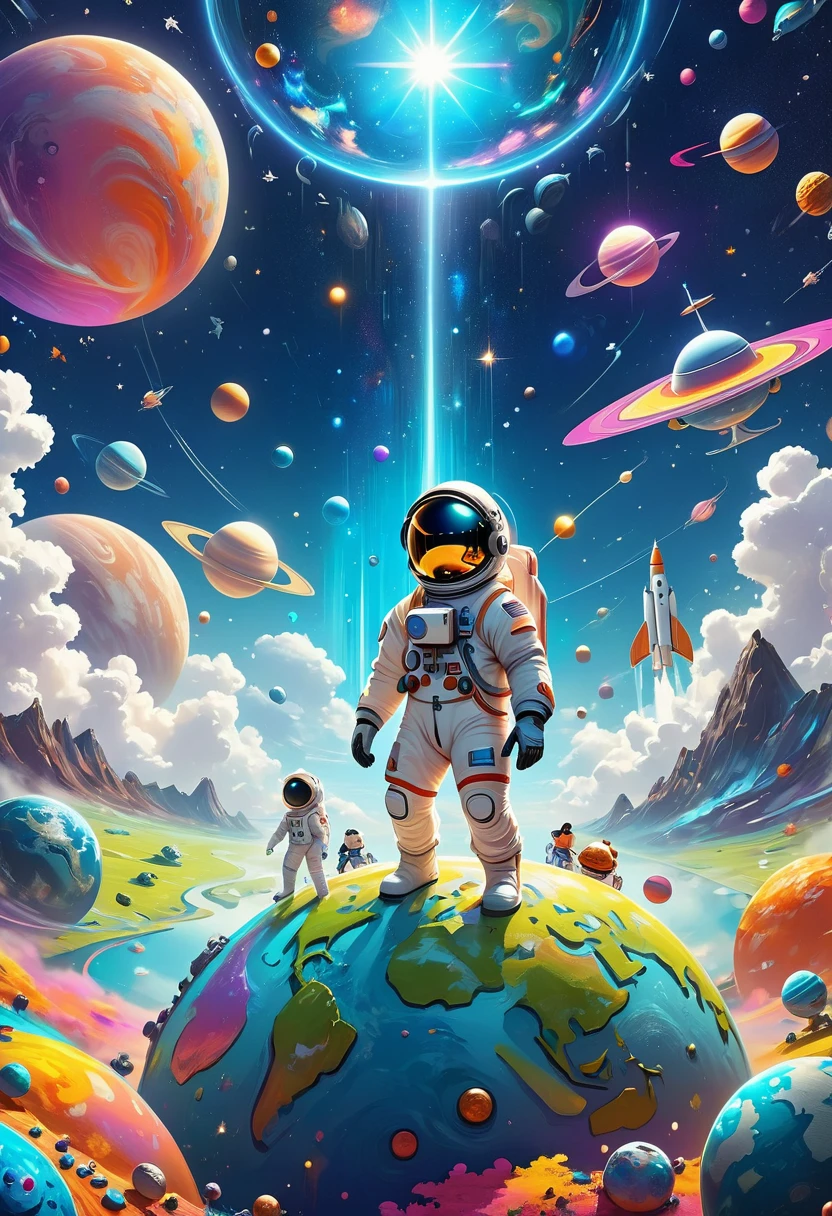 A 3d illustration of things such as a universe, astronaut, spaceship,planet, in the style of lively illustrations, childlike figures, hallyu, ad posters, use of bright colors, earthworks, soft color fields light-filled scenes