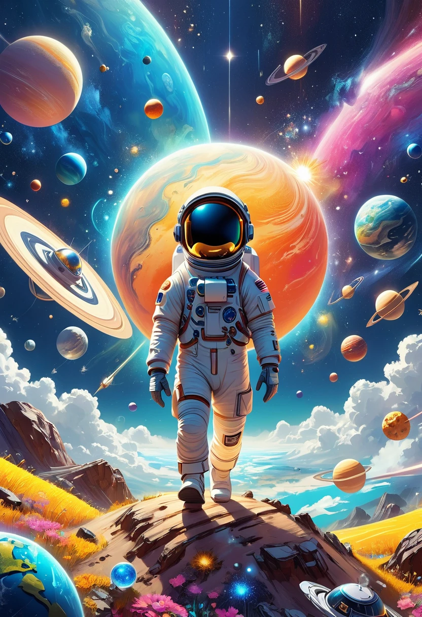 A 3d illustration of things such as a universe, astronaut, spaceship,planet, in the style of lively illustrations, childlike figures, hallyu, ad posters, use of bright colors, earthworks, soft color fields light-filled scenes