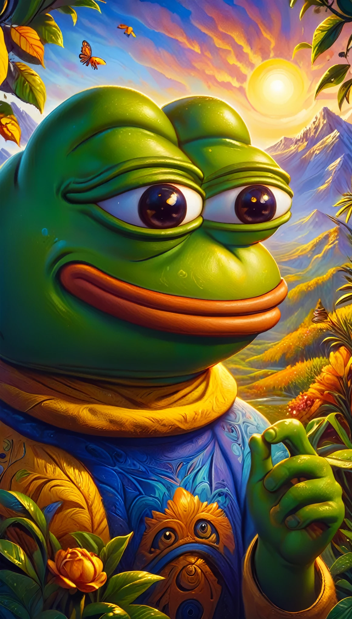 a pepe frog with friendly expression,pepe frog character,cute frog mascot,cartoon style,vibrant colors,detailed intricate design,digital illustration,surreal fantasy,whimsical concept,adorable frog character,frog joining a community,friendly frog mascot,warm and inviting atmosphere,soft textures,natural elements,lush foliage,sense of community,digital art,4k,8k,highres,masterpiece,ultra-detailed,realistic,photorealistic