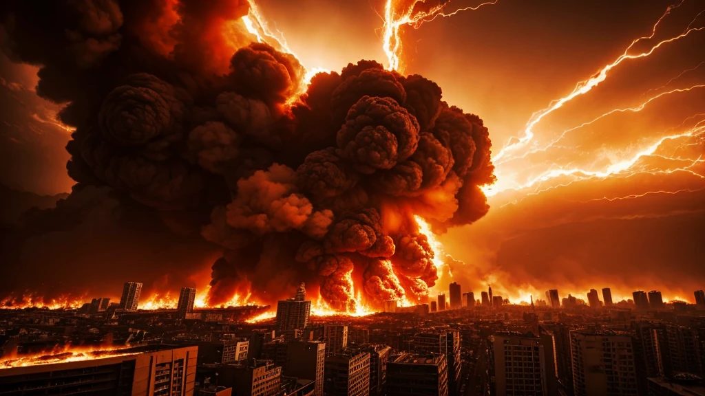 a burning cityscape, massive explosion, apocalyptic landscape, dramatic lighting, cinematic composition, dynamic motion blur, volumetric smoke, fiery orange and red hues, hyperrealistic, cinematic camera angle, chiaroscuro lighting, dystopian atmosphere, detailed textures, grunge elements, photorealistic, 8k, best quality, masterpiece