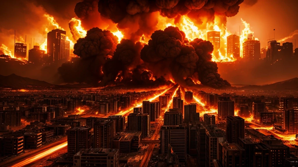 a burning cityscape, massive explosion, apocalyptic landscape, dramatic lighting, cinematic composition, dynamic motion blur, volumetric smoke, fiery orange and red hues, hyperrealistic, cinematic camera angle, chiaroscuro lighting, dystopian atmosphere, detailed textures, grunge elements, photorealistic, 8k, best quality, masterpiece