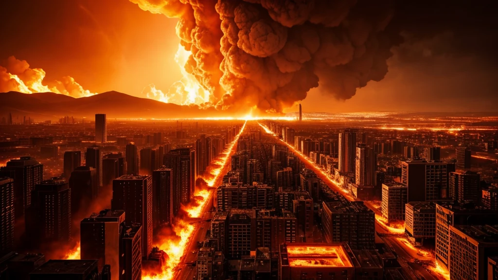 a burning cityscape, massive explosion, apocalyptic landscape, dramatic lighting, cinematic composition, dynamic motion blur, volumetric smoke, fiery orange and red hues, hyperrealistic, cinematic camera angle, chiaroscuro lighting, dystopian atmosphere, detailed textures, grunge elements, photorealistic, 8k, best quality, masterpiece
