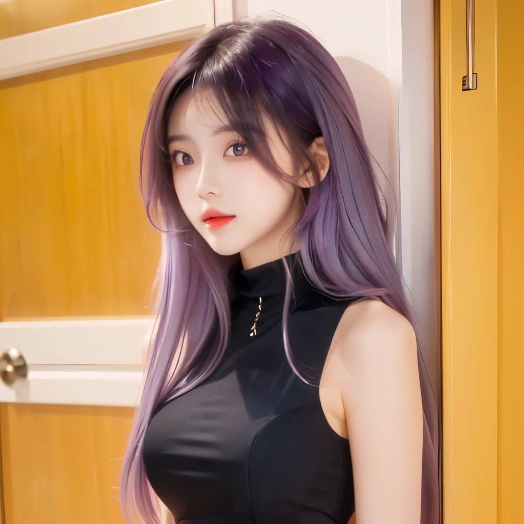 1girl with long hair and black dress standing in front of a door, anime girl wearing a black crop top, (violet hair), (Long hair), fair skin, purple eye, pretty face