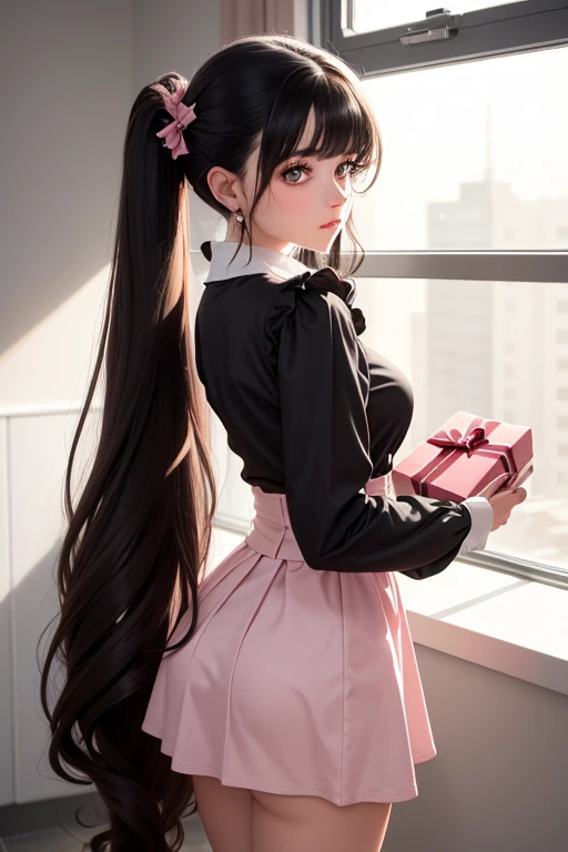 (best quality), (hyper realist), mh-yk, 1 girl, only, Bblack hair, eyes browns, , long hair, wearing a black flared skirt and a pink woolen blouse,big fit ass ,, twintails, Full ar, hair rings, nun dress, jewerly, bangss,She's standing looking at the viewer, passionate look, holding a gift box,ready to give the viewer, cafeteria scene