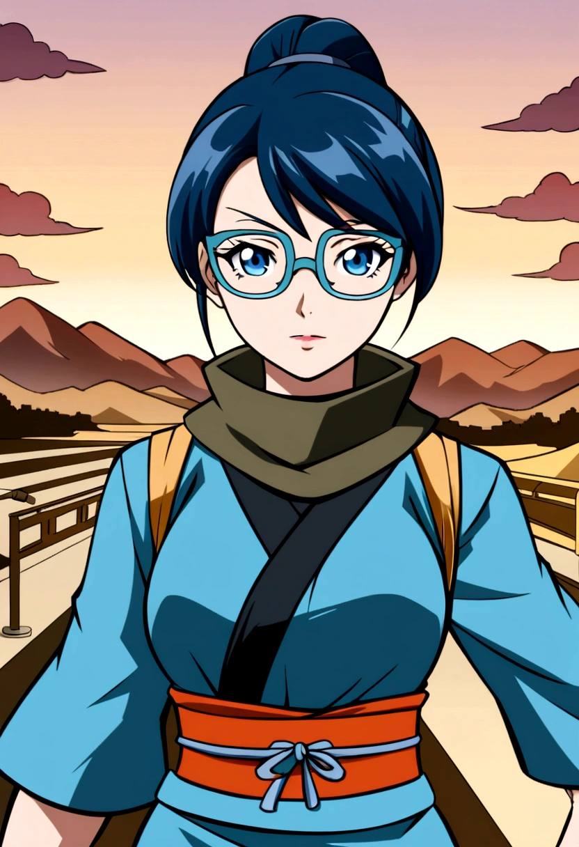 Woman, short blue hair, glasses, ninja outfit, anime design style, clear face