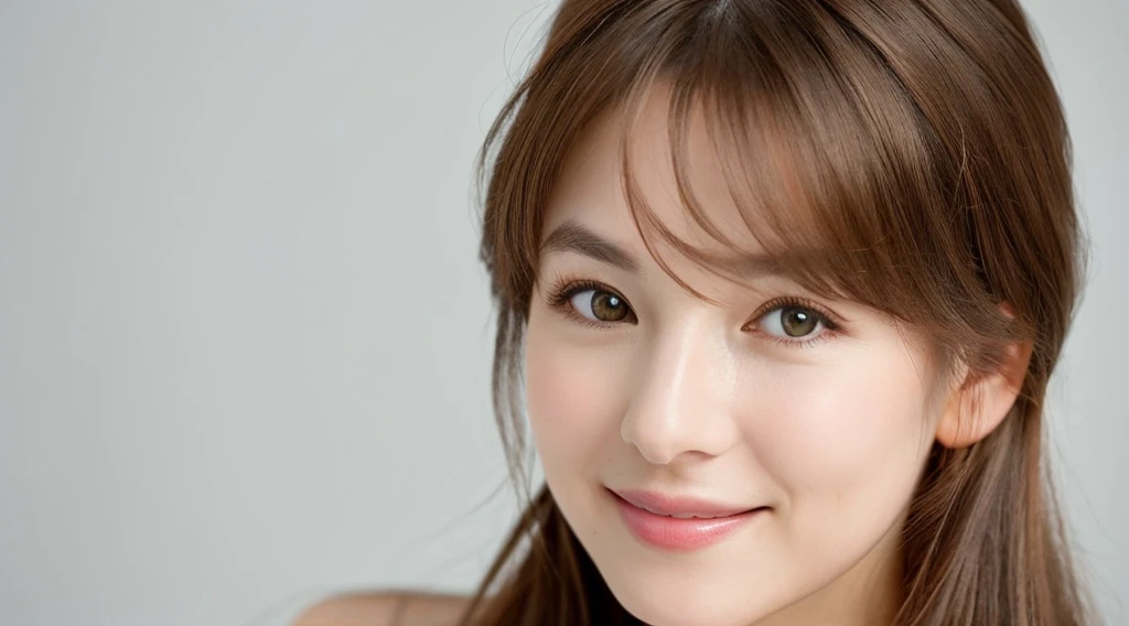 Create an image of a beautiful woman with chestnut brown hair. The background is clean white. She is making direct eye contact with the camera, and the focus is on her upper body. Her entire face is visible. She is smiling gently, radiating a sense of beauty and confidence. Design the image with the intention of using it for beauty-related promotions, capturing the essence of a confident and approachable beauty. Pay attention to details such as her hair, facial expression, and the overall composition against the clean white background