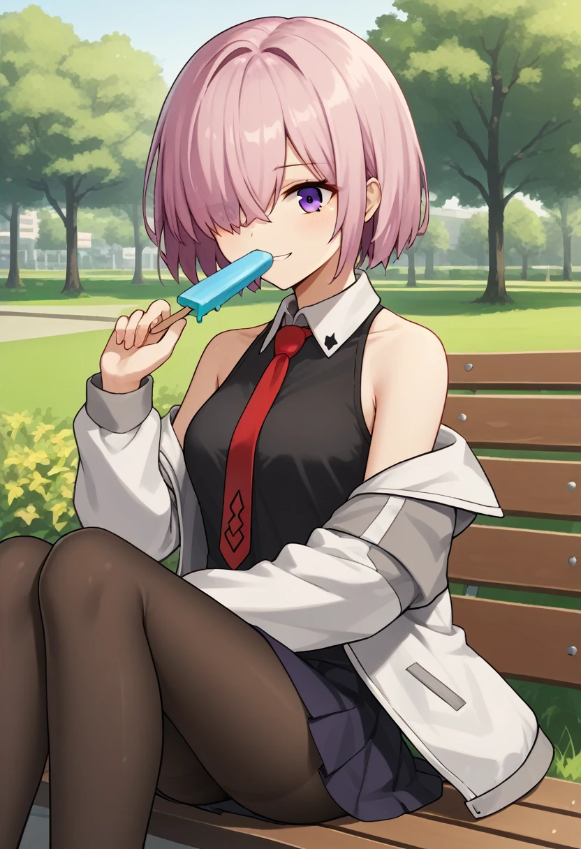 1 woman, Short hair, pink hair, purple eyes, hair above one eye, black shirt, white collar, red tie, Two-tone jacket, white jacket, gray sleeves, long sleeves, skirt, pantyhose, outdoors, seat, park, off shoulder, bare shoulders, popsicle score_9, score_8_consolation, score_7_consolation, score_6_consolation, score_5_consolation, score_4_consolation, BREAK Source_japanese cartoon movies, ((masterpiece,꽉끼는 skirt)), A beautiful smile, office job,