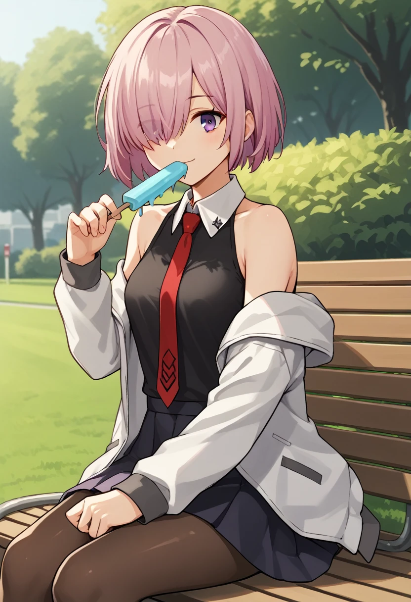 1 woman, Short hair, pink hair, purple eyes, hair above one eye, black shirt, white collar, red tie, Two-tone jacket, white jacket, gray sleeves, long sleeves, skirt, pantyhose, outdoors, seat, park, off shoulder, bare shoulders, popsicle score_9, score_8_consolation, score_7_consolation, score_6_consolation, score_5_consolation, score_4_consolation, BREAK Source_japanese cartoon movies, ((masterpiece,꽉끼는 skirt)), A beautiful smile, office job,