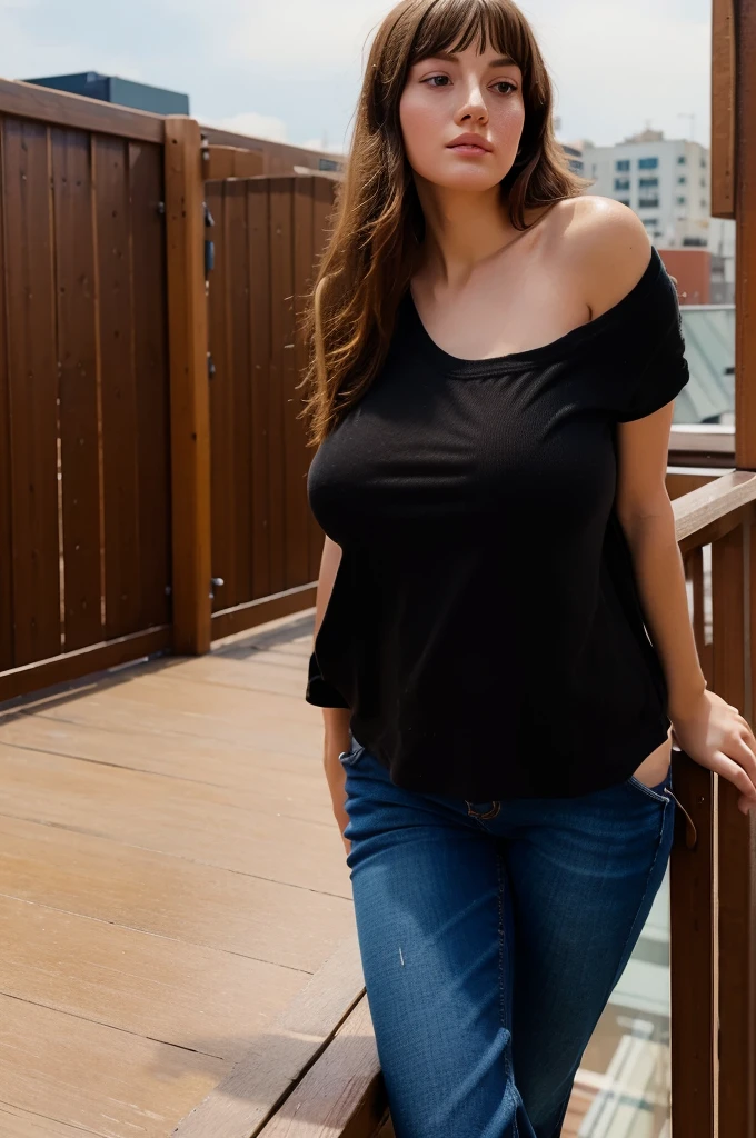 (masterpiece, best quality:1.2) 1girl, solo, fringe, oversize clothes , saggy large breast sfw, a woman in a black top and jeans leaning on a railing, a picture by Niko Henrichon, trending on pexels, aestheticism, camera angle looking up at her, modeling photography, on rooftop, casual pose, casual photography, camera looking up at her, looking from slightly below, shot from below, woman posing, realism