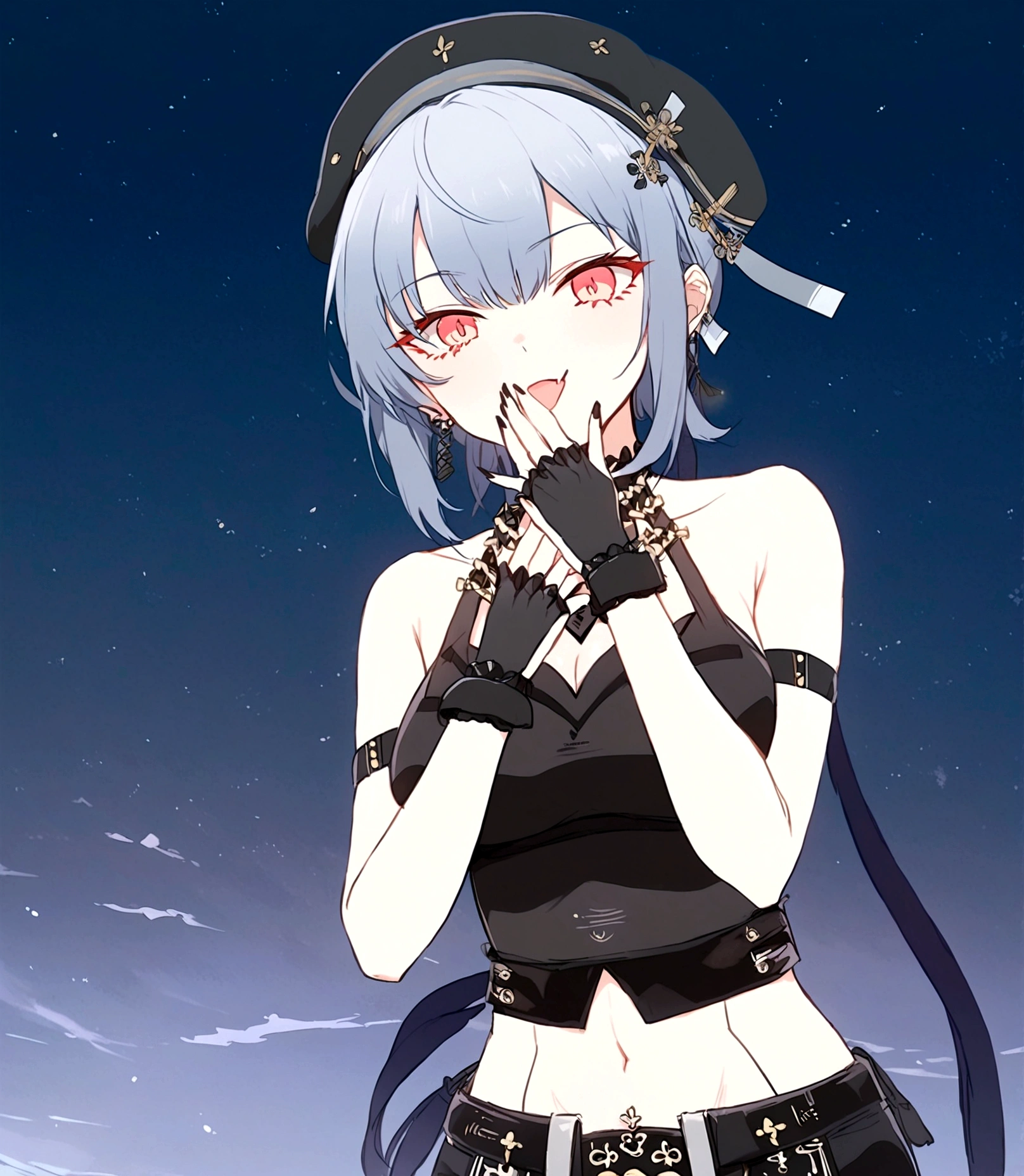 Stylish rave girl. In her late 20's. Seated comfortably inside "automated tickling device". She sits inside a large machine. laying down on her back, arms restrained above her head, armpits shown. She wears a revealing bikini, her body immobilized by straps and padding. Tickled by the machine. Laughing hysterically, tickled silly. Armpits touched by robotic hands.