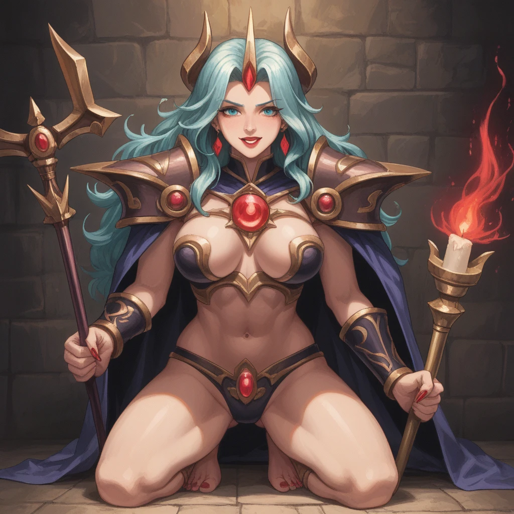 A succubus, an alluring creature of the night with voluptuous breasts and a seductive smile, kneeling before a stoic paladin. The paladin, clad in gleaming, yet slightly tattered armor, stands tall and proud, a symbol of purity and valor in the shadowy realm. Despite his righteous demeanor, the paladin's eyes are transfixed on the succubus's hands as she skillfully grips his foreskin, her long, sharp nails gently tracing the contours of his manhood. The succubus's tail, adorned with a tip that resembles a crimson rose, coils around his thigh, exuding an aura of temptation and erotic power. The paladin's muscular chest is exposed, revealing a single bead of sweat trickling down his sternum, a testament to the internal battle he wages between his sacred vows and his carnally aroused body. The background is a canvas of dark, velvety shadows and flickering candlelight, casting an eerie glow that emphasizes the stark contrast between the holy light and the succubus's dark, sultry beauty. Her eyes, pools of iridescent malice, sparkle with delight as she toys with the very essence of his faith, her breasts heaving with each tantalizing stroke. The scene is a masterful blend of the divine and the damned, the epitome of an illicit encounter that challenges the very fabric of the paladin's moral fortitude. The succubus's skin, a tantalizing mix of pale alabaster and deep purple hues, glows with an unearthly luminescence, highlighting her otherworldly charm. Her full, red lips part in a knowing smile as she brings the paladin to the brink of ecstasy, the tension in his body palpable as he struggles to resist the siren's call of sinful pleasure. The paladin's hand, clad in a gauntlet, clutches the pommel of his sword, the blade's gleaming cross-guard a stark reminder of his sacred duty, which now lies in stark opposition to the dark temptation unfurling before him. The atmosphere is thick with tension and desire, each detail meticulously crafted to evoke a sense of the forbidde