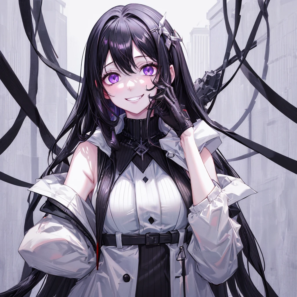 best quality, masterpiece, very aesthetic, half-length portrait, close shot, front view, facing_viewer, Front Facing,1 girl, black hair, long hair, monochromatic, pale face, crazy eyes, insane, sleeveless turtleneck, wearing coat with low hanging shoulders, purple eyes, looking_at_viewer, yandere face, gesugao, grin, black linings, stark white background, plain background, simple_background ,edgGesugao, yandere, perfect face, pretty