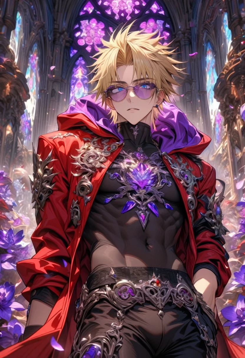 Ultra detailed, HDR, Highres, absurdres, master piece, Vash Stampede, expressive blue eyes, blond hair, red coat with a hoodie, black tight shirt, amber round sunglasses, Trigun, purple stained glass, purple ice, petals, purple ice flowers, sexy man, solo, handsome, glittering, purple glass, best quality